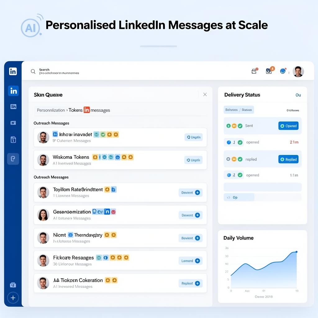 AI outreach automation dashboard showing personalised LinkedIn messages being sent at scale