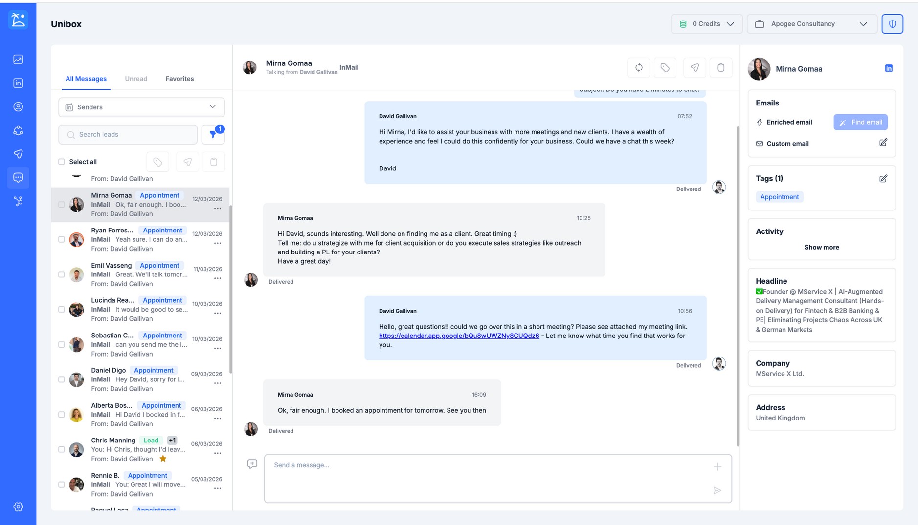Apogee Consultancy inbox showing appointment bookings with Mirna Gomaa and Emil Vasseng