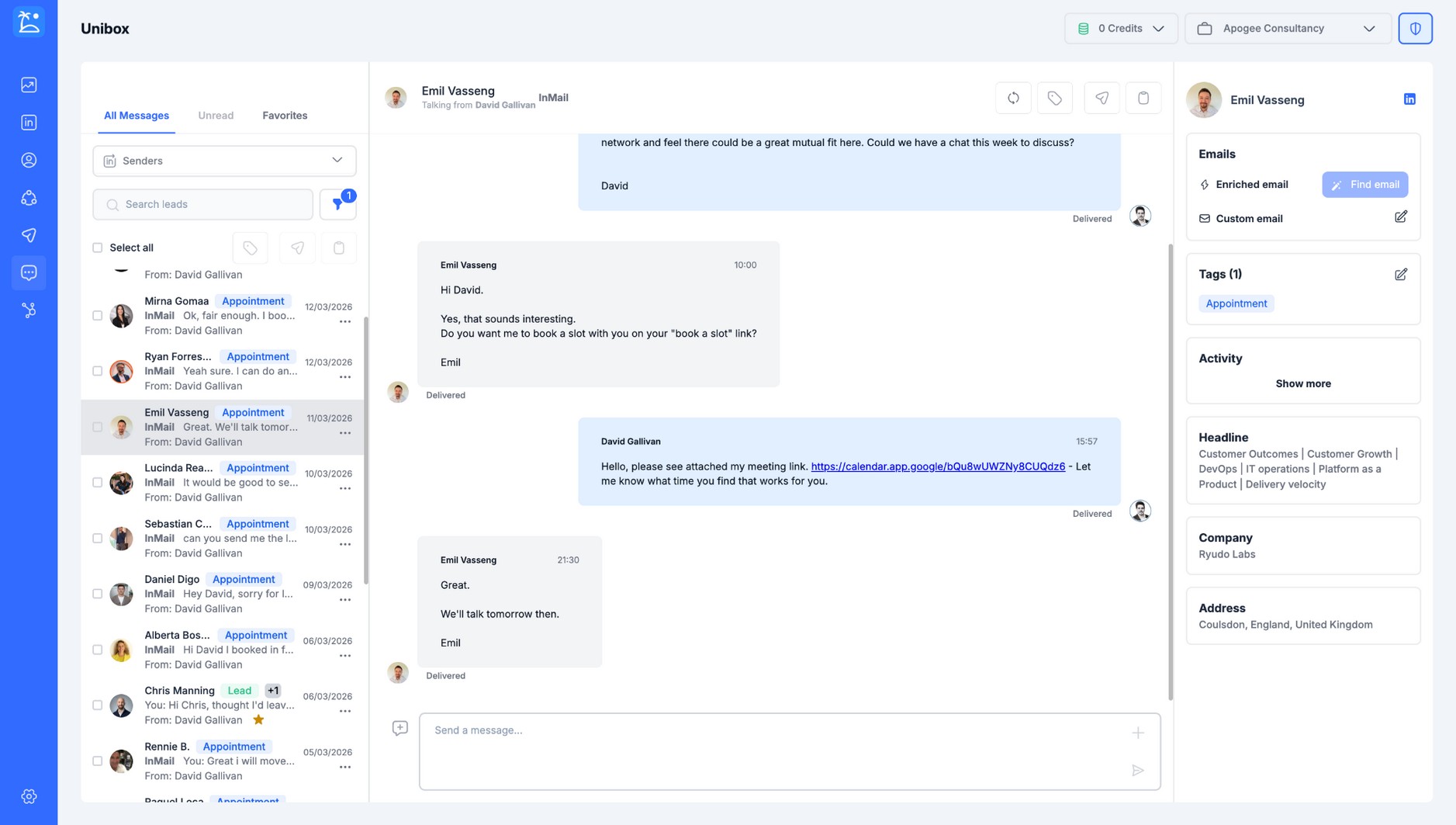 Apogee Consultancy inbox showing more appointment conversations