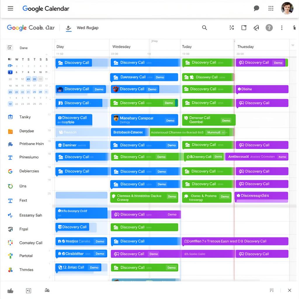 Fully booked Google Calendar with discovery calls and demo meetings throughout the week