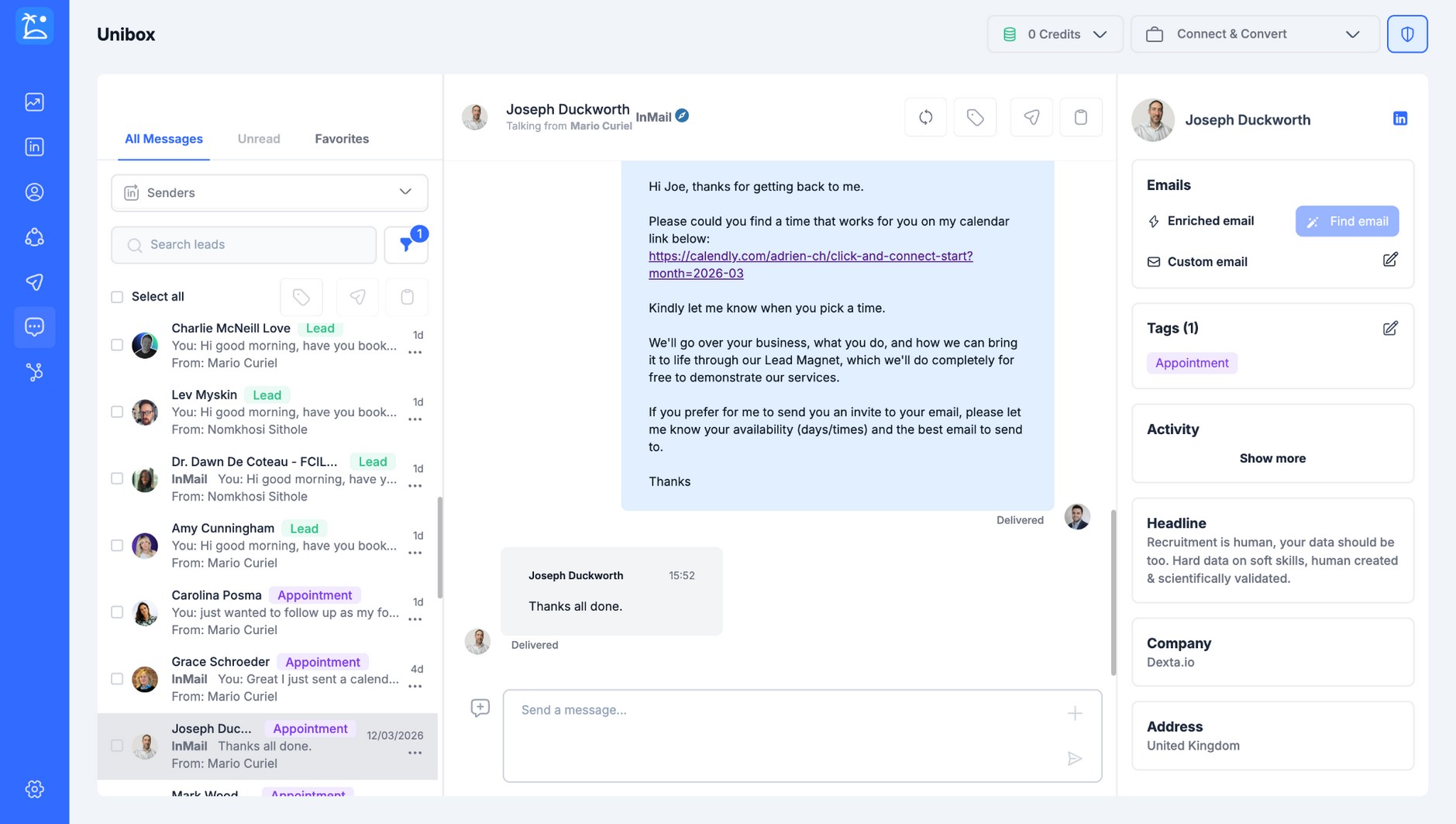 Connect & Convert inbox showing appointment conversations with Joseph Duckworth and others