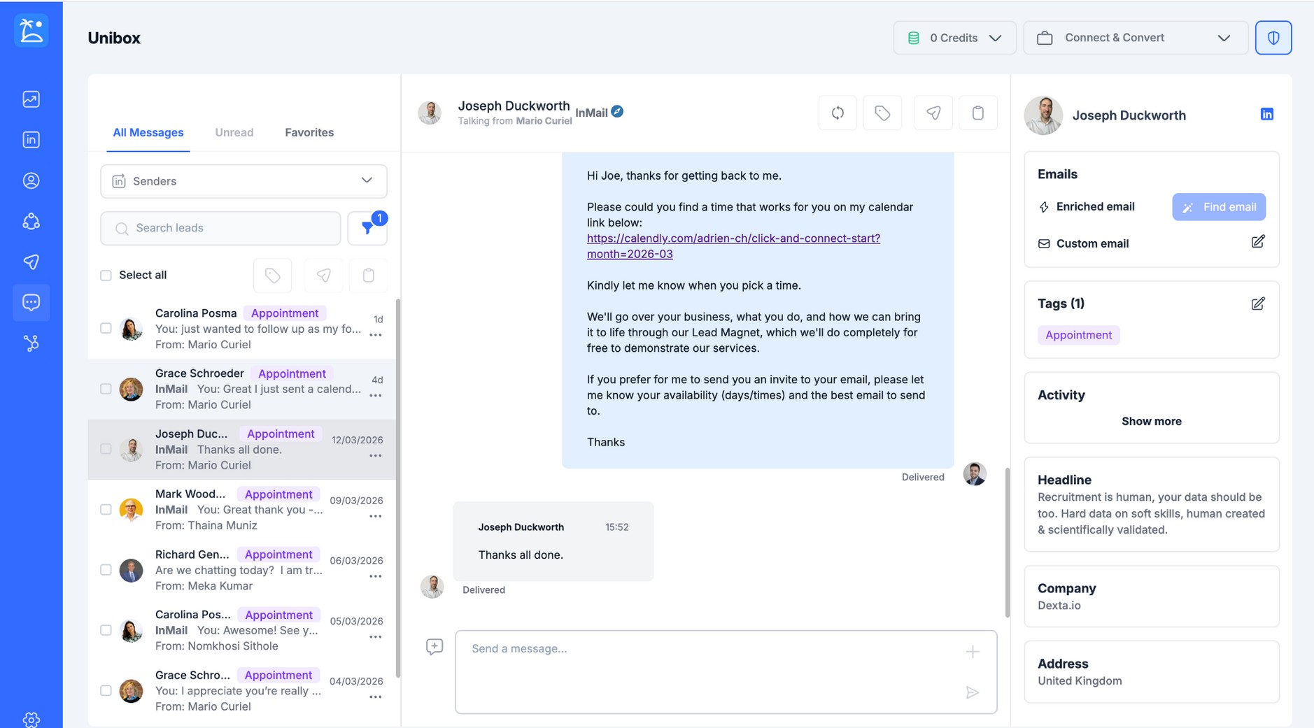 Connect & Convert inbox showing more appointment bookings and Calendly link sharing