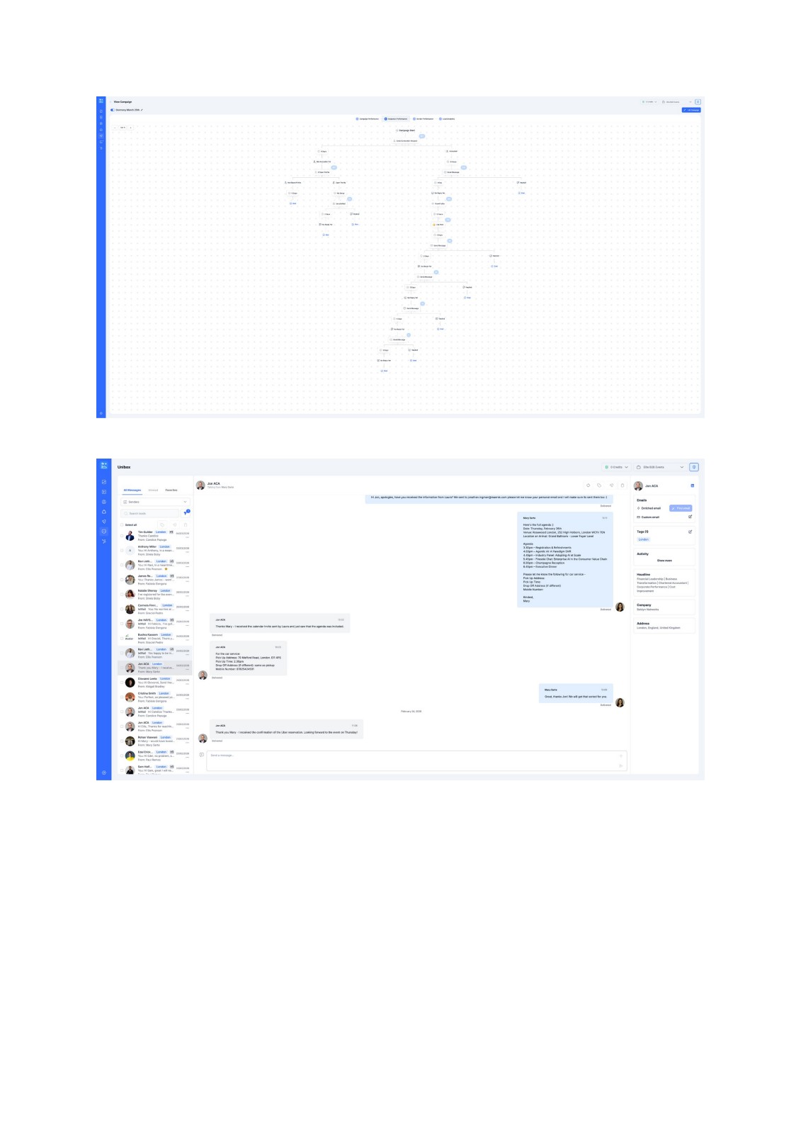 LinkedIn inbox showing delegate registration conversation with sequence flow and enterprise prospect engagement