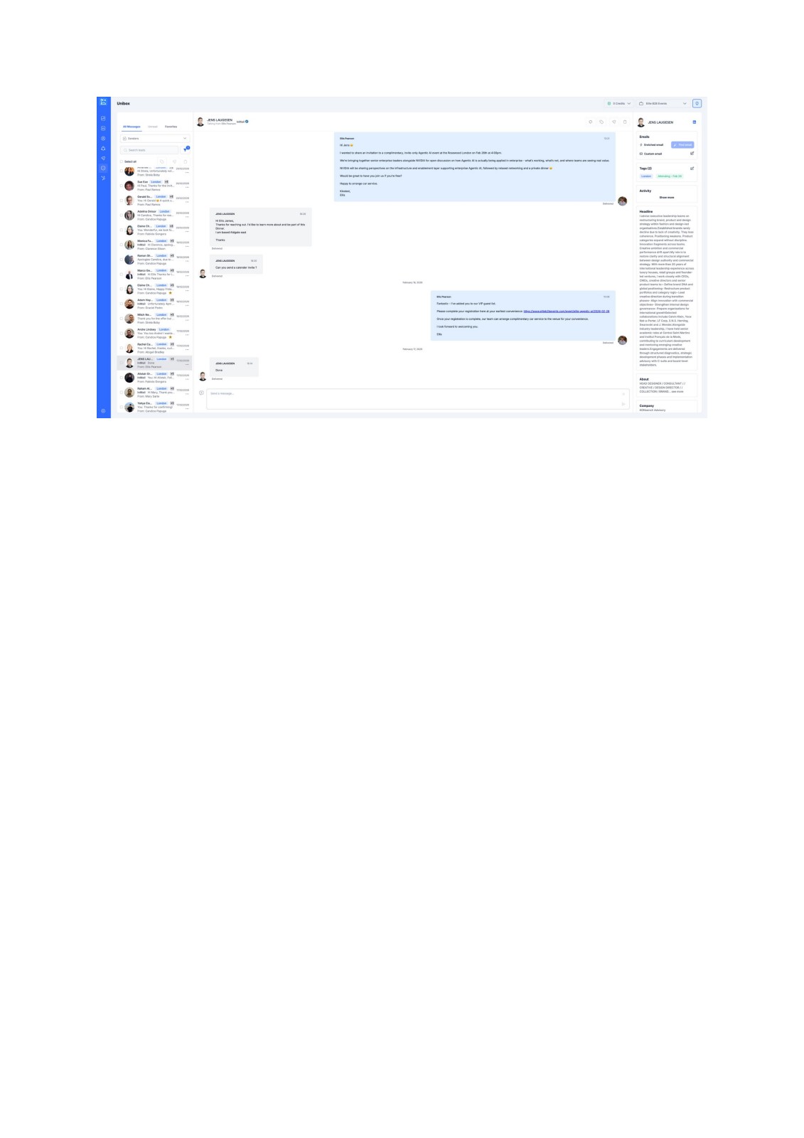 LinkedIn inbox showing VIP guest list confirmation and complimentary car service arrangement for enterprise delegate