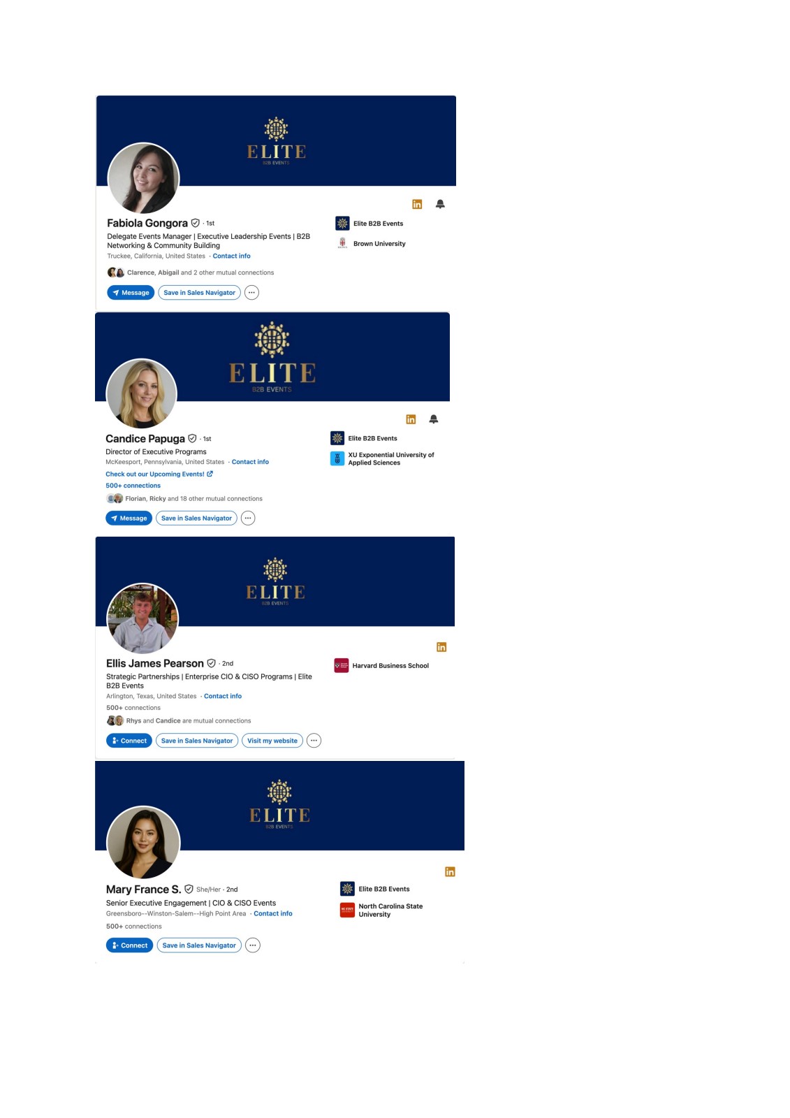 Elite B2B Events LinkedIn profiles - Fabiola Gongora, Candice Papuga, Ellis James Pearson, Mary France S.