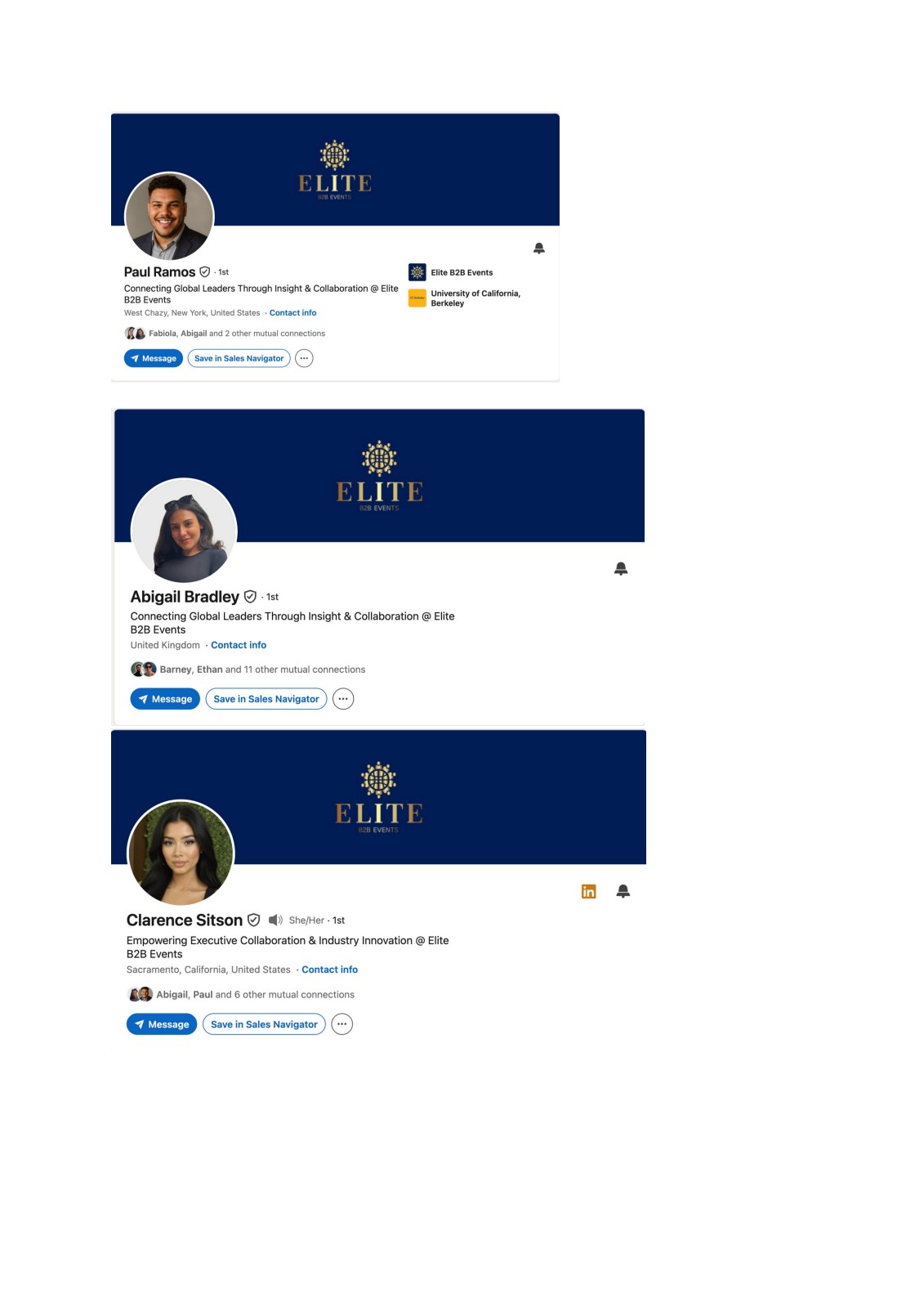 Elite B2B Events LinkedIn profiles - Paul Ramos, Abigail Bradley, Clarence Sitson