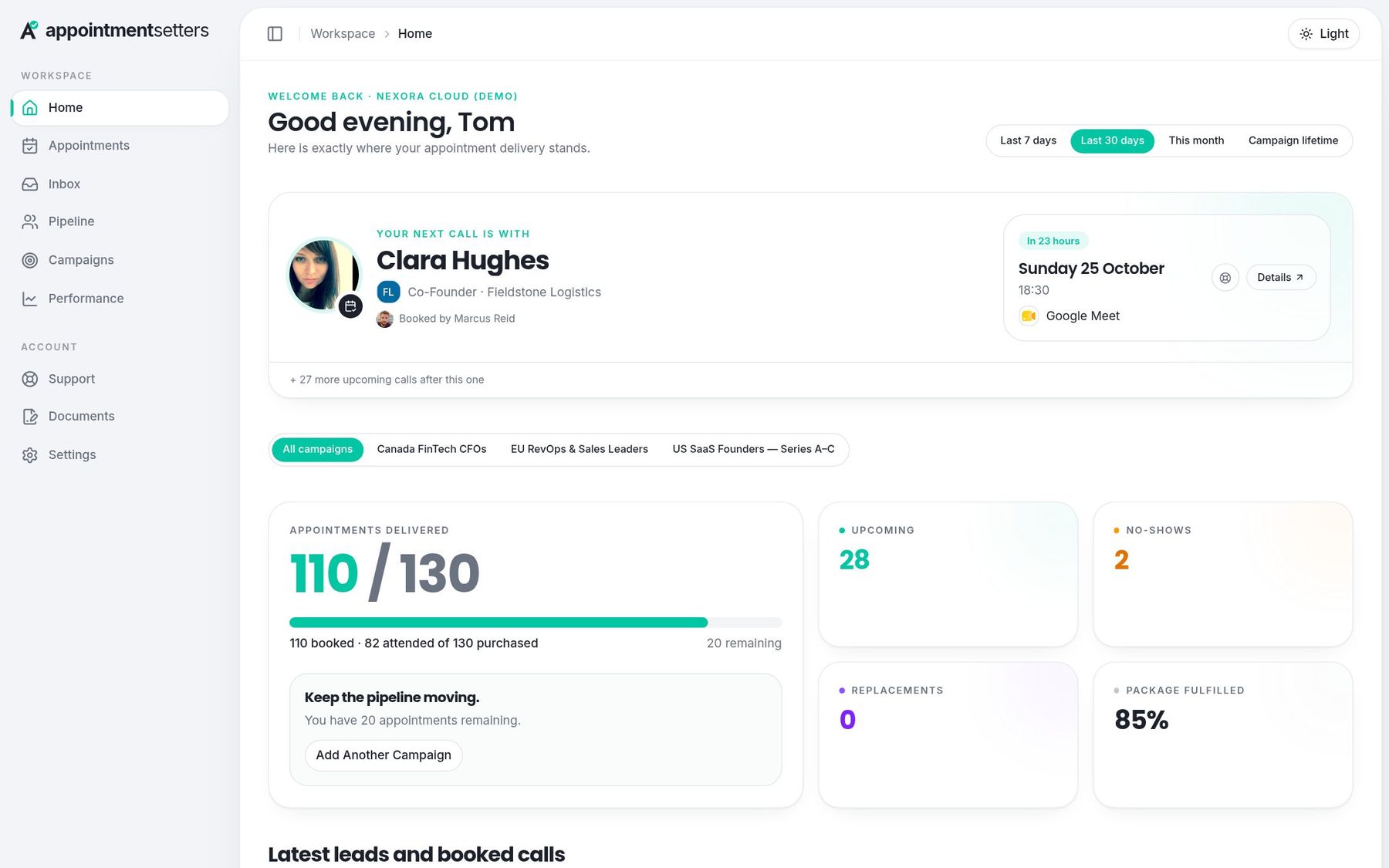 Home screen in the AppointmentSetters client portal