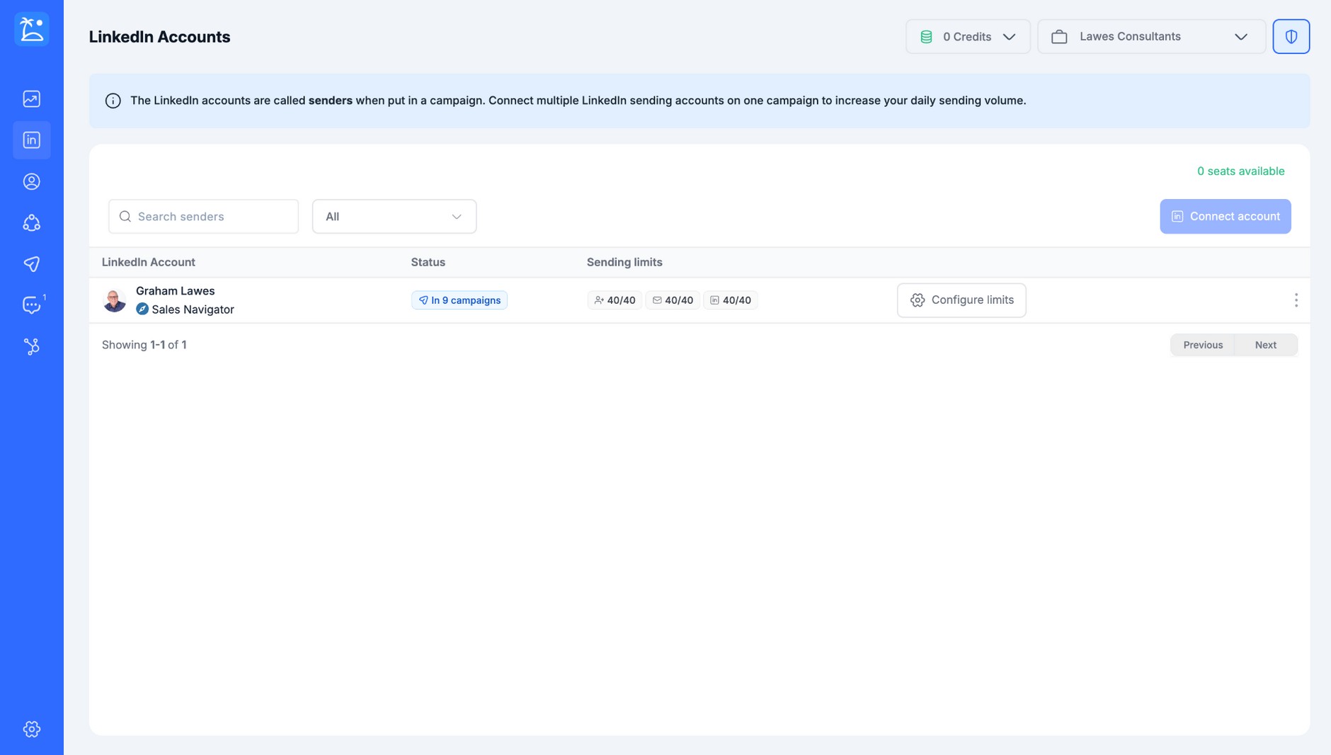 LinkedIn accounts dashboard showing Graham Lawes in 9 campaigns with Sales Navigator