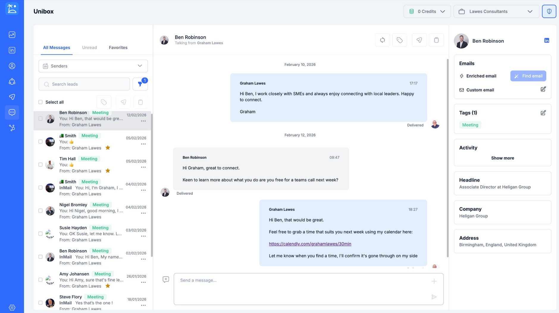 Lawes Consultants inbox showing detailed conversation with Ben Robinson booking a meeting