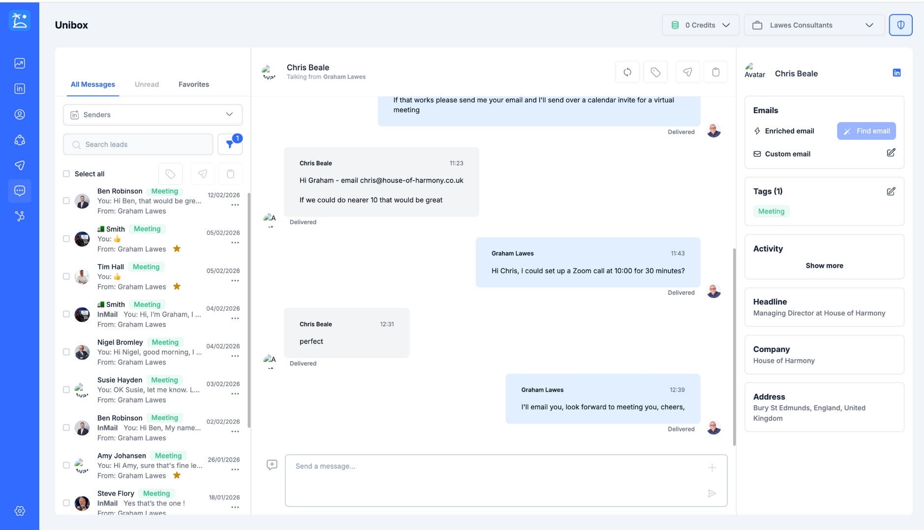 Lawes Consultants inbox showing meeting bookings with Chris Beale, Ben Robinson, and others
